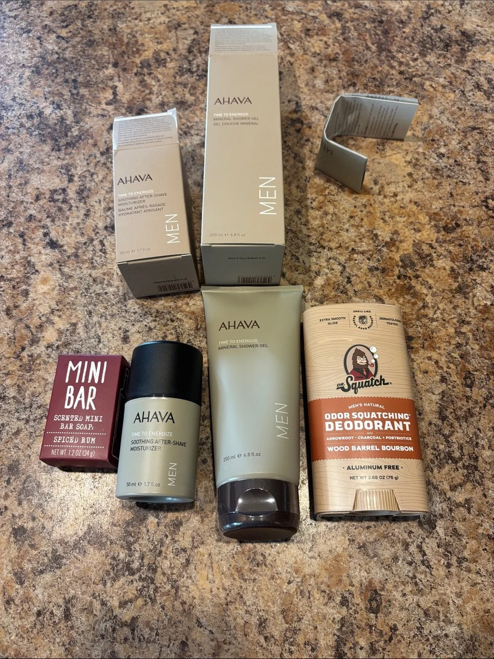 AHAVA after shave moisturizer&shower gel, Dr. Squatch deoderant, mini soap bar